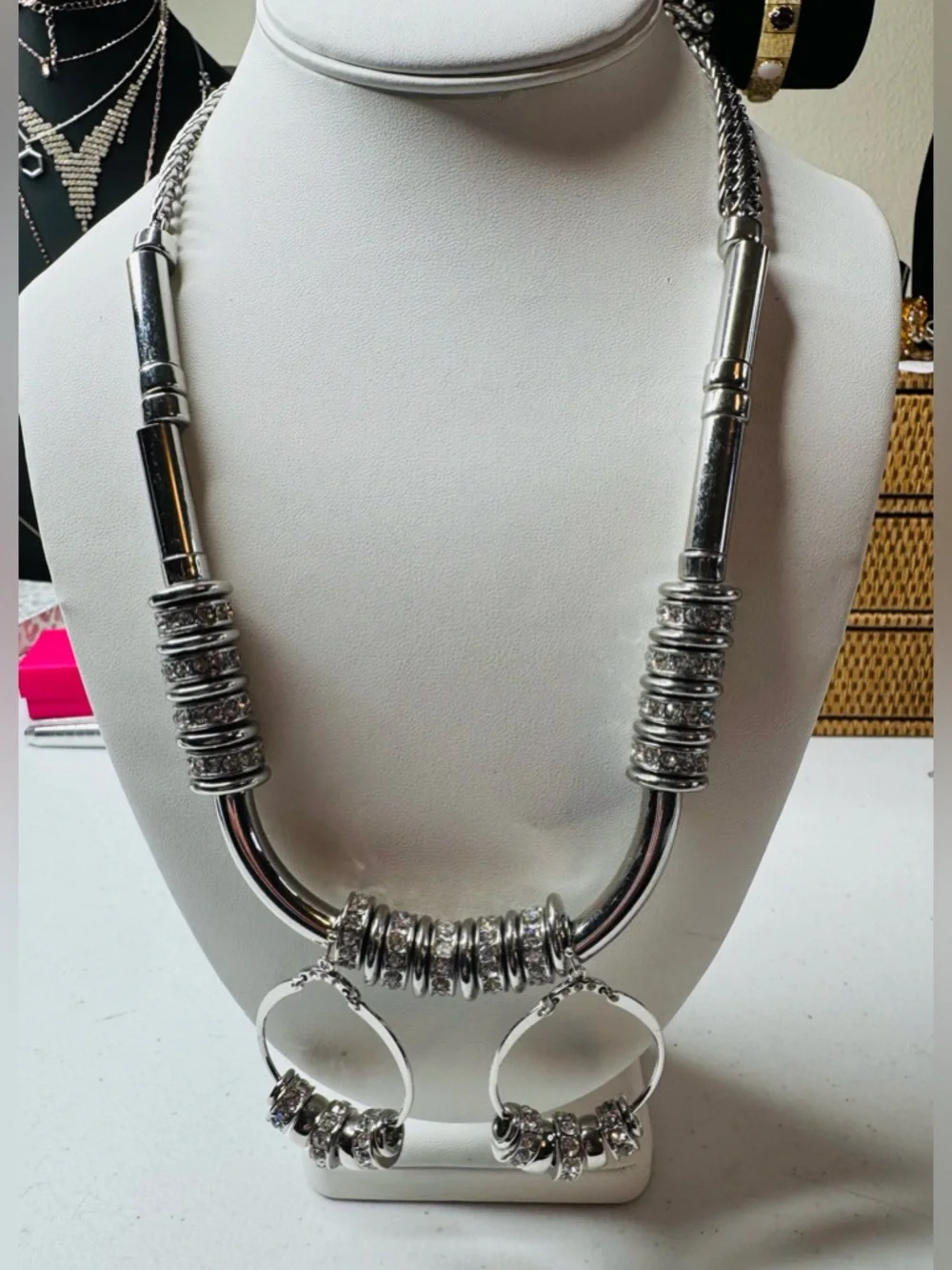 Silver-Tone and Rhinestone Statement Necklace and Hoop Earrings Set